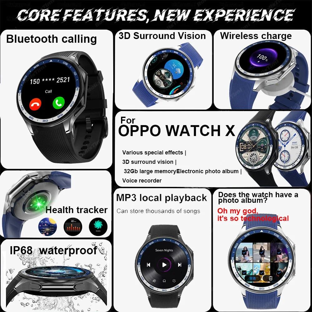 Montre connectée AMOLED 1.43 pouces, vision surround 3D, lecteur avec grande mémoire 4Go, IP68, pour hommes, 2024, nouveaux écouteurs TWS pour OPPO Watch X