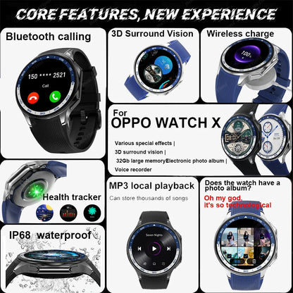 Montre connectée AMOLED 1.43 pouces, vision surround 3D, lecteur avec grande mémoire 4Go, IP68, pour hommes, 2024, nouveaux écouteurs TWS pour OPPO Watch X