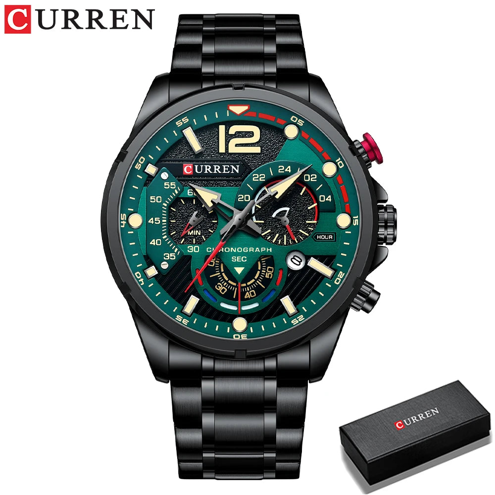CURREN Montre à quartz mode homme, décontractée, sport, avec cadran chronographe en acier inoxydable et aiguilles lumineuses