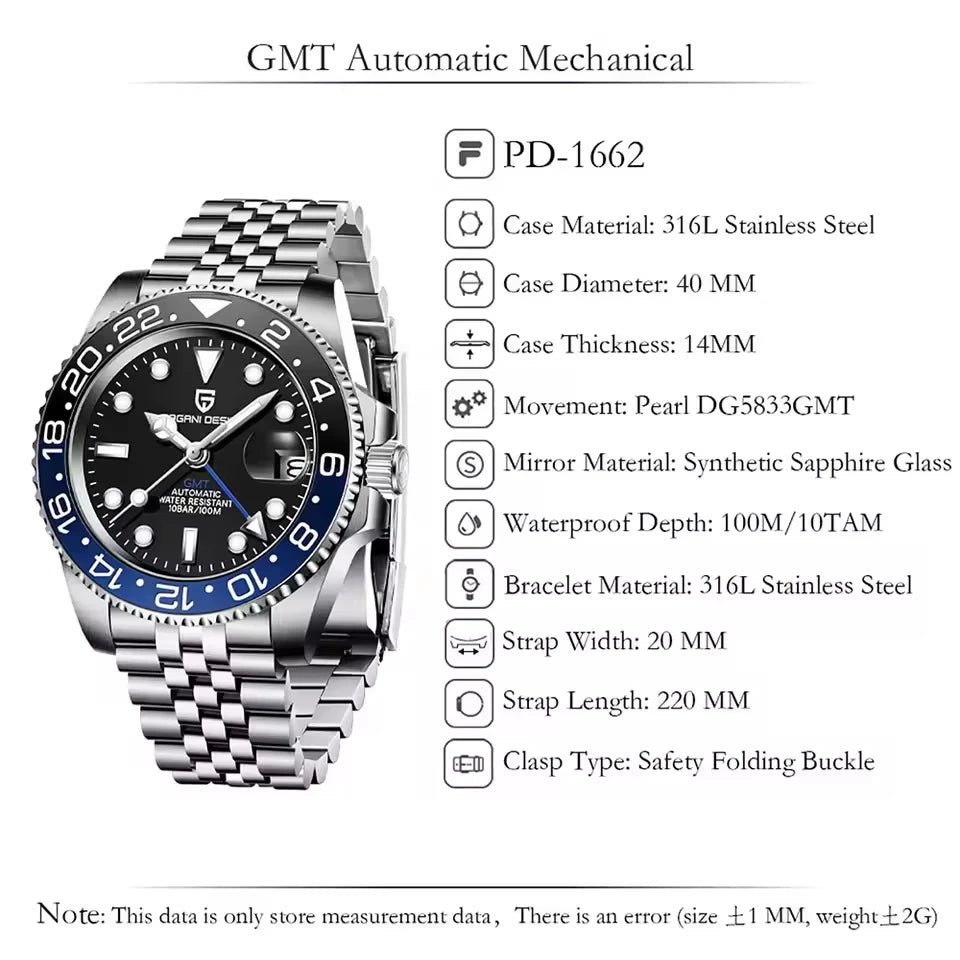 Montre-bracelet automatique PAGANI DESIGN 40 mm GMT Acier inoxydable Étanche Hommes Montre de marque supérieure Montres mécaniques de sport Hommes PD-1662