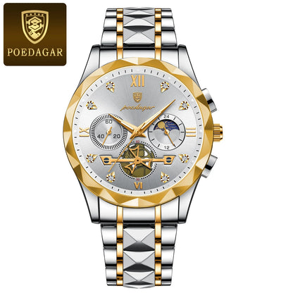 POEDAGAR Montre-bracelet homme de haute qualité en acier inoxydable, chronographe, pour affaires, étanche, lumineuse, à quartz