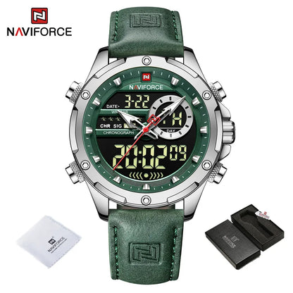 NAVIFORCE Montre-bracelet de luxe originale pour hommes, double fuseau horaire, sport, décontractée, chronographe, alarme, quartz, bracelet en cuir, étanche