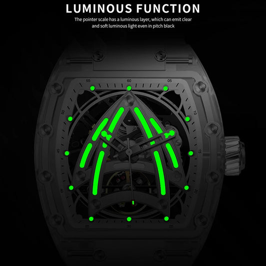 PINDU Hollow Tonneau Skeleton Mechanical Watch JH3105