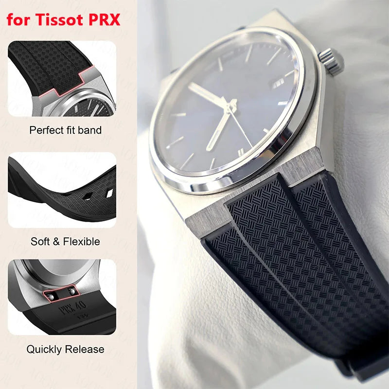 Bracelet en caoutchouc de silicone de 12 mm pour Tissot PRX T137.407/T137.410 Super Player 40 mm, à dégagement rapide pour homme, avec extrémité convexe