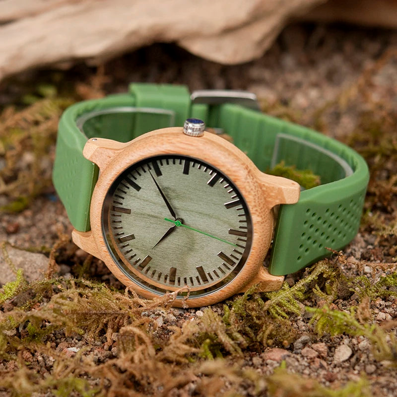 BOBO BIRD Montre en bois de bambou pour homme, montre à quartz avec bracelet en silicone vert, bracelet supplémentaire, cadeau pour homme avec boîte relogio masculino W-B06