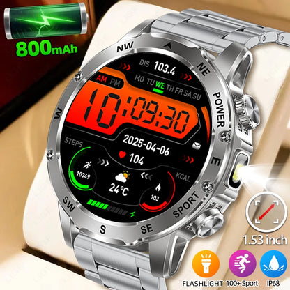 New 2026 Outdoor 800mAh Large Battery Smart Watch Men LED Flashlight Bluetooth Call Compass Sports Fitness Waterproof Smarwatch