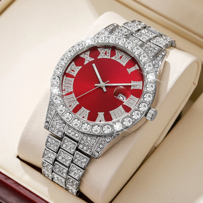 Montre à Quartz de Luxe Entièrement Diamantée pour Homme, Montre-Bracelet à Quartz Masculine Tendance avec Calendrier et Bracelet en Acier Inoxydable, Horloge de Date Reloj Hombre