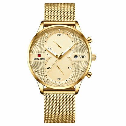Business Calendar Watch with Spiral Crown and Stainless Steel Strap