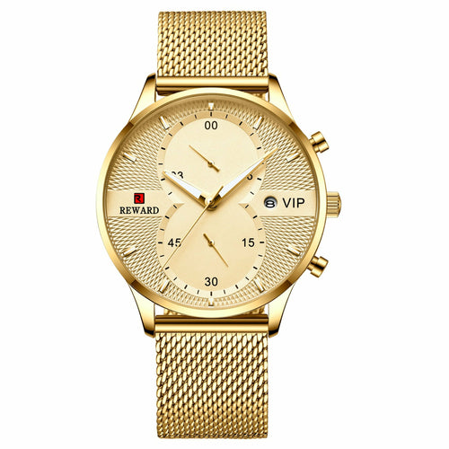 Business Calendar Watch with Spiral Crown and Stainless Steel Strap