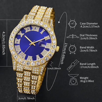 Montre Homme Plein Diamant Tendance, Bracelet Acier Inoxydable, Montres-Bracelets à Quartz pour Hommes, Montres à Calendrier de Date