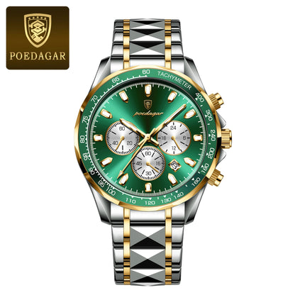 POEDAGAR Montre Homme Luxe Étanche Lumineuse en Acier Inoxydable Montre Chronographe à Quartz avec Date pour Homme d'Affaires