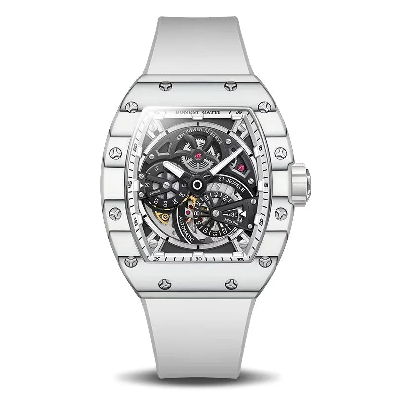 BONEST GATTI Men Mechanical Watch Carbon Fiber Bezel Tonneau Luminou Case Fluororubber Strap Small Second Dial Watches For Men