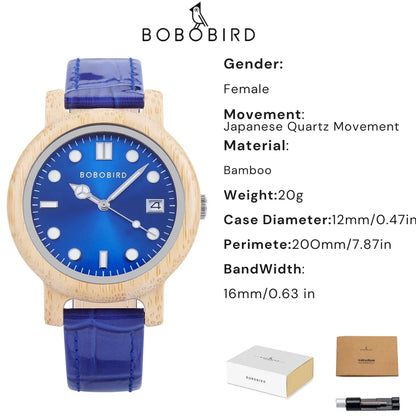 Montre-bracelet en bambou BOBO BIRD pour femme avec bracelet en cuir véritable, naturelle, légère, élégante, cadeau mode pour elle