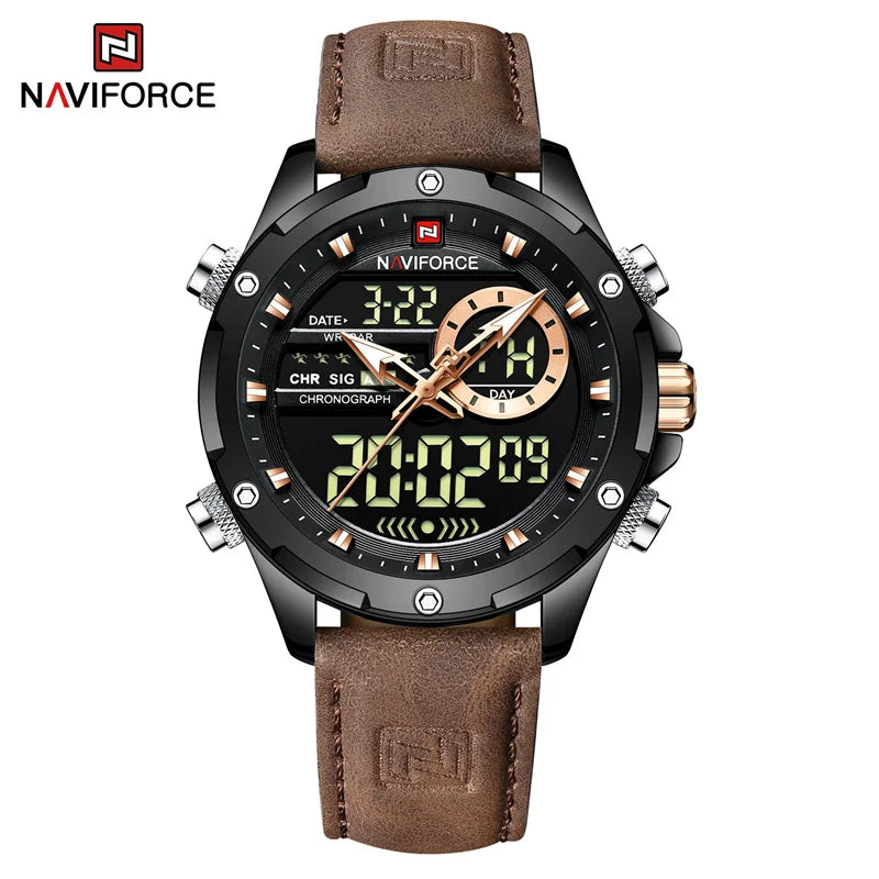 NAVIFORCE Montre tendance homme, charmante et accrocheuse, affichage du jour, de la date et de l'heure, bracelet en cuir souple, aiguille lumineuse, affichage LED, cadeau homme