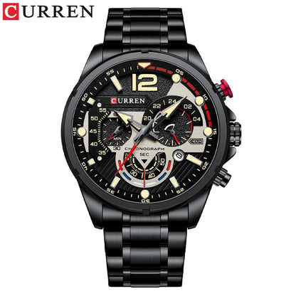 CURREN Montre à quartz mode homme, décontractée, sport, avec cadran chronographe en acier inoxydable et aiguilles lumineuses