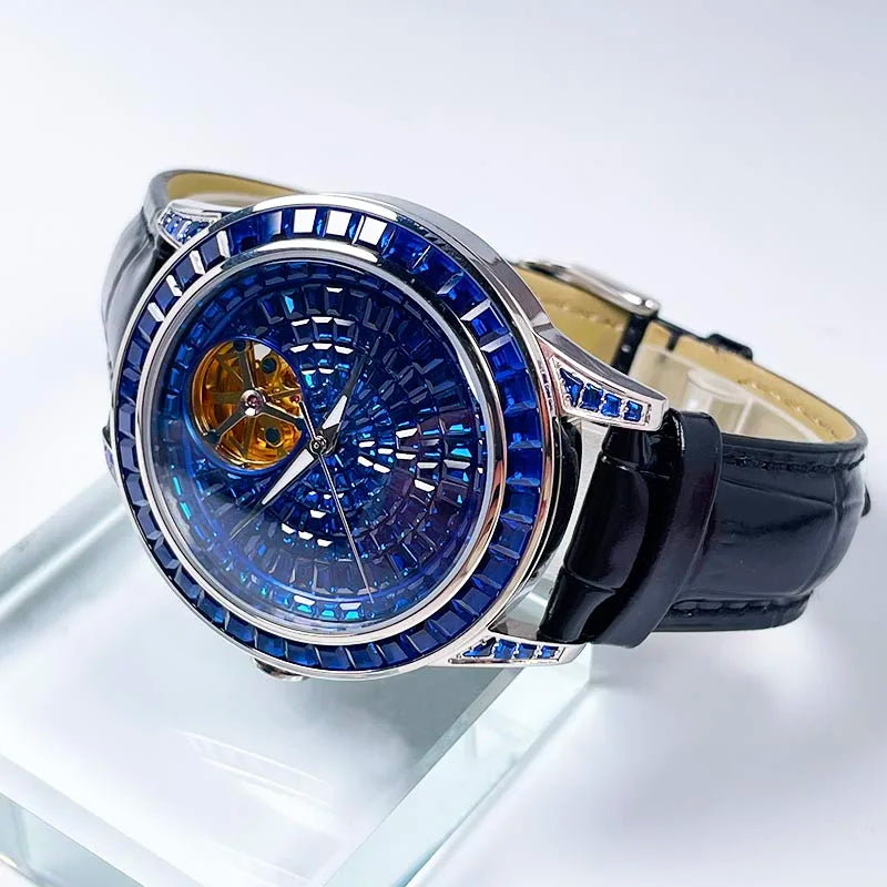 PINDU Nouvelle montre mécanique pour homme, avec pointeur lumineux diamanté, montre-bracelet saphir de qualité supérieure pour hommes, Montre Homme avec boîte cadeau P5037