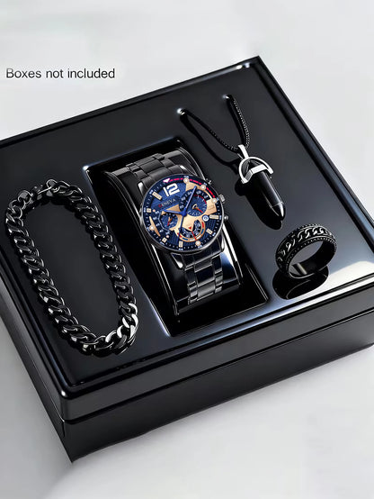 Ensemble Montre Tendance Quartz Homme avec Bracelet Collier Bague Fonction Calendrier Cadeau d'Anniversaire Sans Boîte