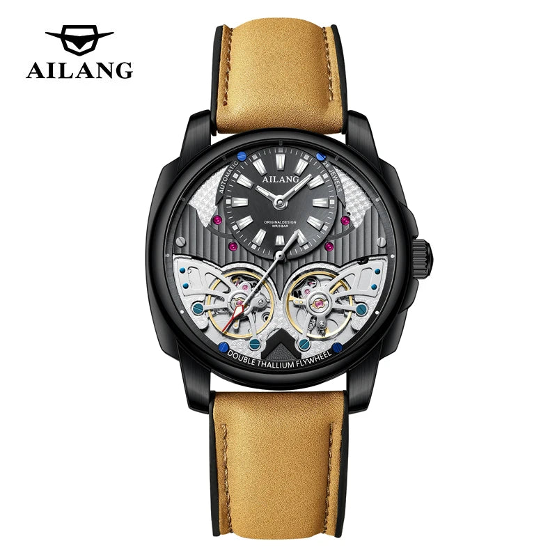 AILANG Double Tourbillon Series Luxury Mechanical Watch for Men Fashion Leather Strap Waterproof Automatic Skeleton Watches Mens