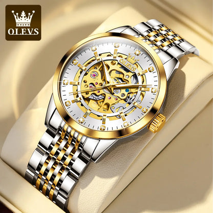 Montres OLEVS 9920 pour hommes, en acier inoxydable massif, étanches, lumineuses, de luxe, à mouvement automatique mécanique original et creux.
