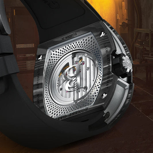 BONEST GATTI Men Mechanical Watch Carbon Fiber Bezel Tonneau Luminou Case Fluororubber Strap Small Second Dial Watches For Men