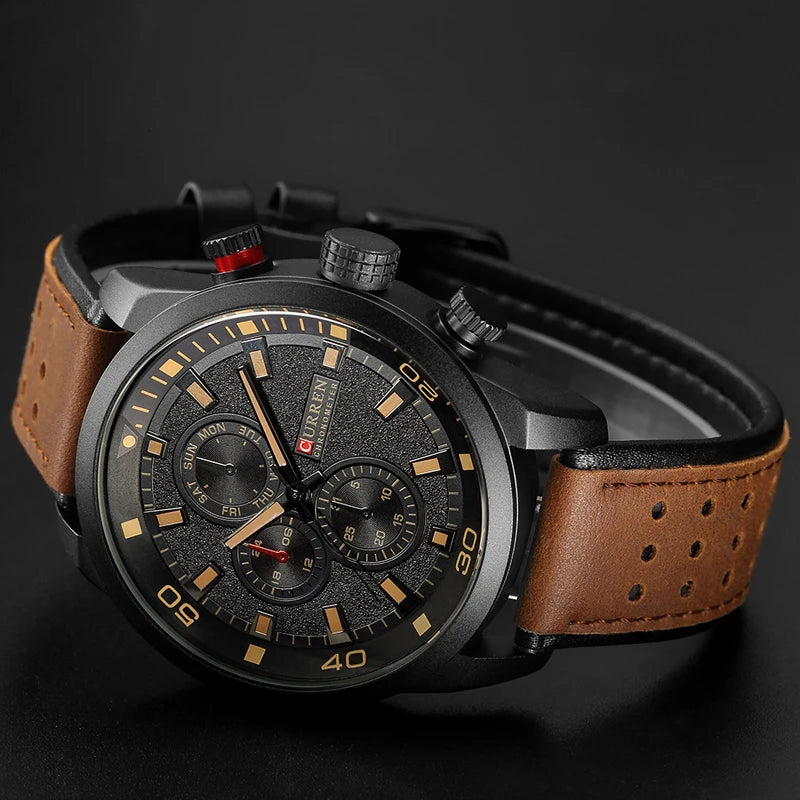 CURREN 8250 Montre Homme Étanche Décontractée à Trois Aiguilles Bracelet en Cuir Respirant