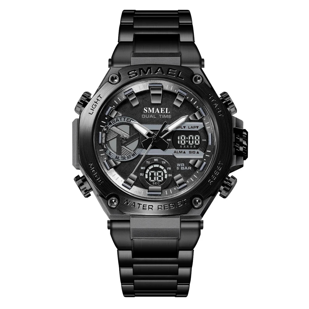Montre SMAEL Hommes Grande Marque Luxe Argent Acier Inoxydable Sport Homme Horloge Numérique Analogique Quartz Militaire Étanche Montres-bracelets