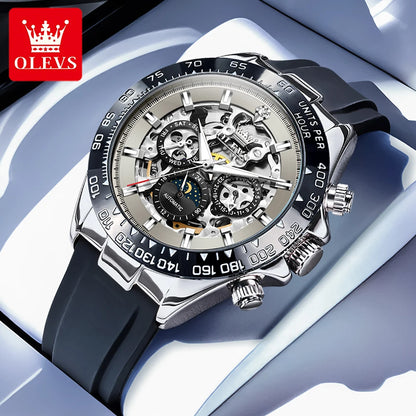 OLEVS 6713 Business Men's Watches Moon Phase Luminous Calendar Skeleton Automatic Mechanical Wristwatch for Man