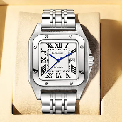 High-End Luxury Square Automatic Mechanical Watch for Men, with Hollow Butterfly Clasp, Fashionable Business Casual Versatile Stylish Men's Wristwatch, Suitable for Wearing in Various Occasions, the First Choice Gift for Your Boyfriend on Valentine's Day