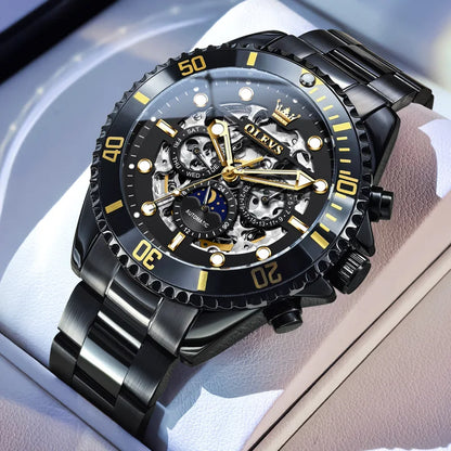 OLEVS Brand Luxury Automatic Mechanical Watch Men Skeleton Watch Week Date Waterproof Stainless Steel Hollow Business Men Watch