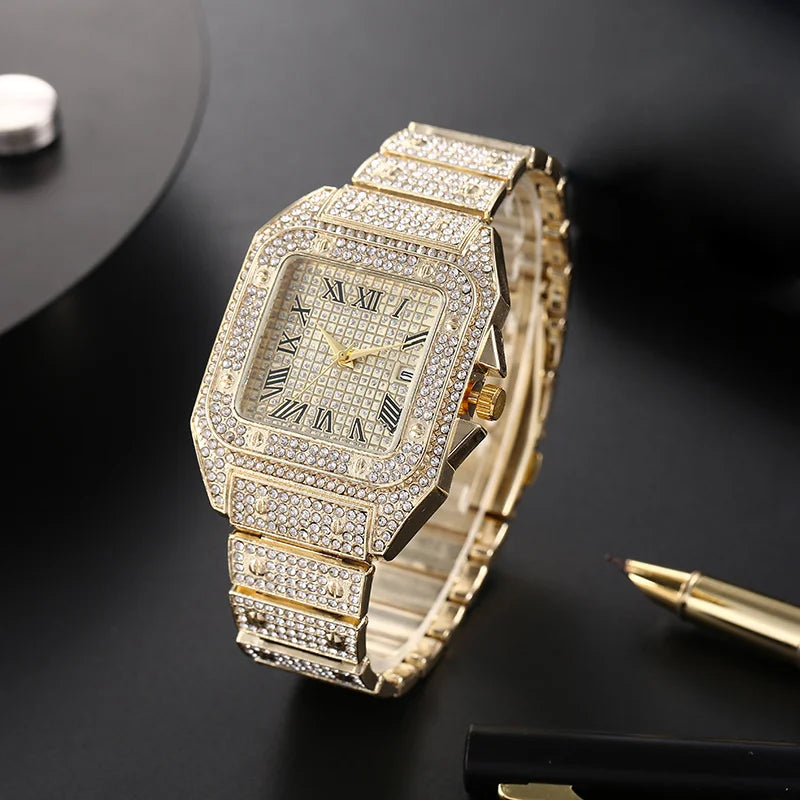 Montre-bracelet à quartz classique de luxe pour hommes avec bracelet en acier, cadran carré à chiffres romains et strass, pour hommes, Relogio Masculino