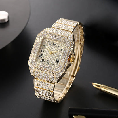 Montre-bracelet à quartz classique de luxe pour hommes avec bracelet en acier, cadran carré à chiffres romains et strass, pour hommes, Relogio Masculino