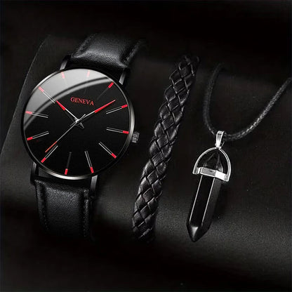 3PCS/Set Montres Business Homme Bracelet Cuir Décontracté Analogique Montre Quartz Homme Collier Bracelet Set