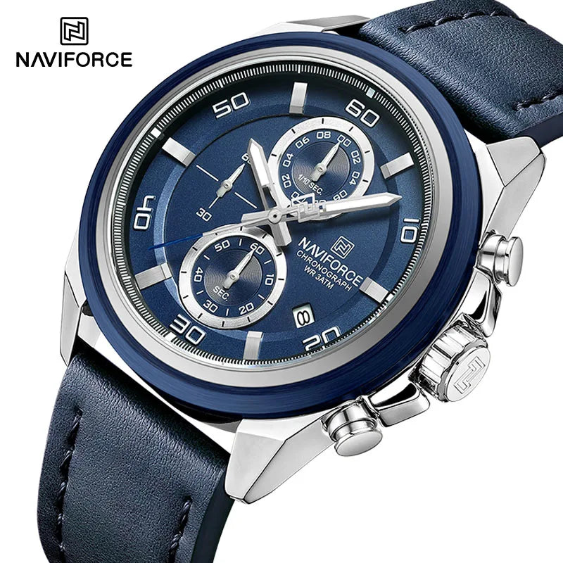 Montres NAVIFORCE pour hommes, bracelet en cuir véritable, chronographe à quartz, affichage de la date, montre-bracelet de sport étanche, cadeau masculin