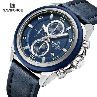 Montres NAVIFORCE pour hommes, bracelet en cuir véritable, chronographe à quartz, affichage de la date, montre-bracelet de sport étanche, cadeau masculin