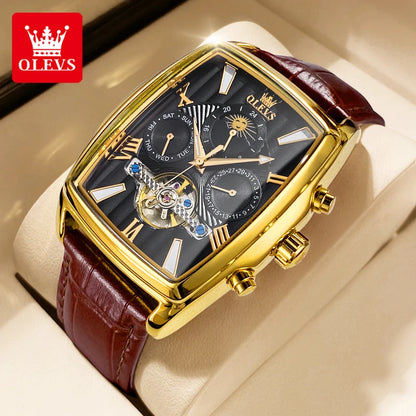 OLEVS 6675 Montre automatique originale pour homme, marque de luxe, cadran carré, phase de lune, volant ajouré, montre-bracelet mécanique pour homme