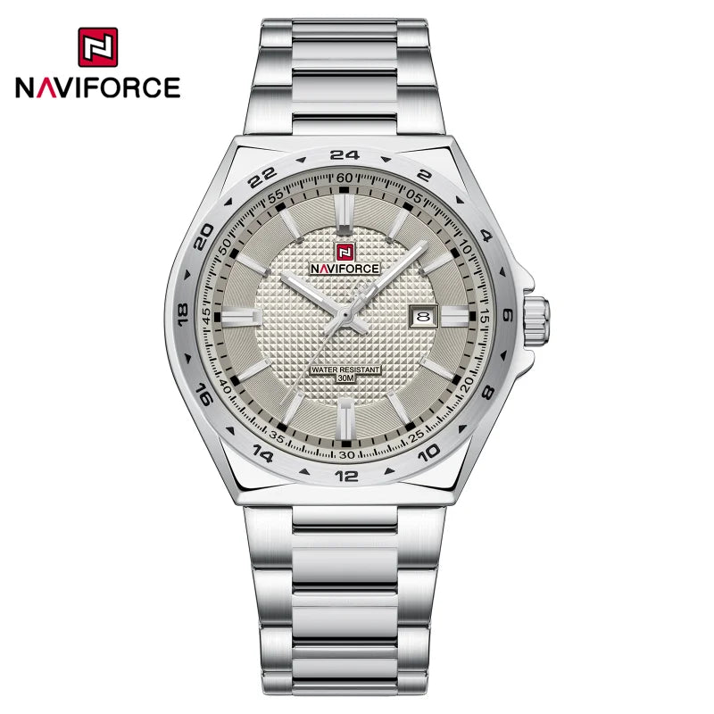 Montres de sport étanches NAVIFORCE 3 ATM pour hommes - Montre-bracelet à quartz de luxe en acier inoxydable avec affichage lumineux de la date