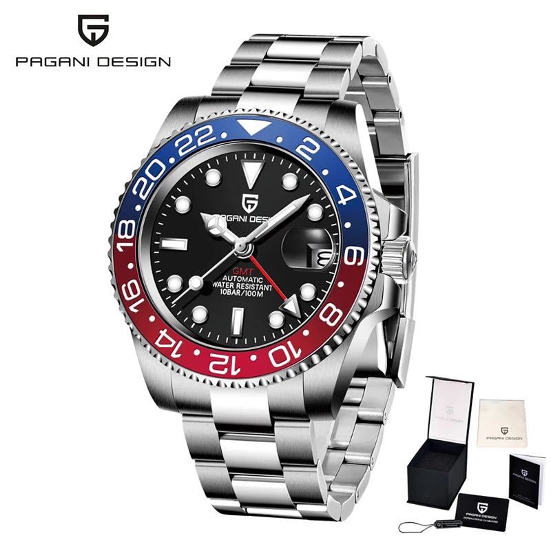 PAGANI DESIGN PD-1662 Luxury GMT Men Mechanical Wristwatch Sapphire Glass Stainless Steel 100M Waterproof Automatic Watches