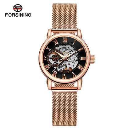 Forsining 099L Montre squelette élégante et tendance pour femmes, nouvelles montres-bracelets mécaniques de luxe en or rose pour dames