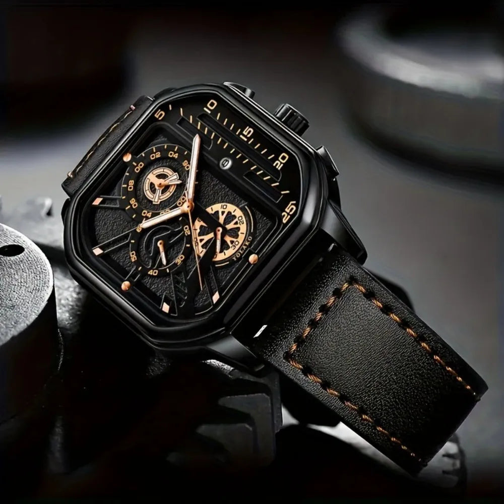 Big Dial Square Watch with PU Leather Strap 42mm 9mm Thickness