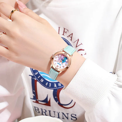 Stitch-themed kids watch with leather strap and rhinestone dial