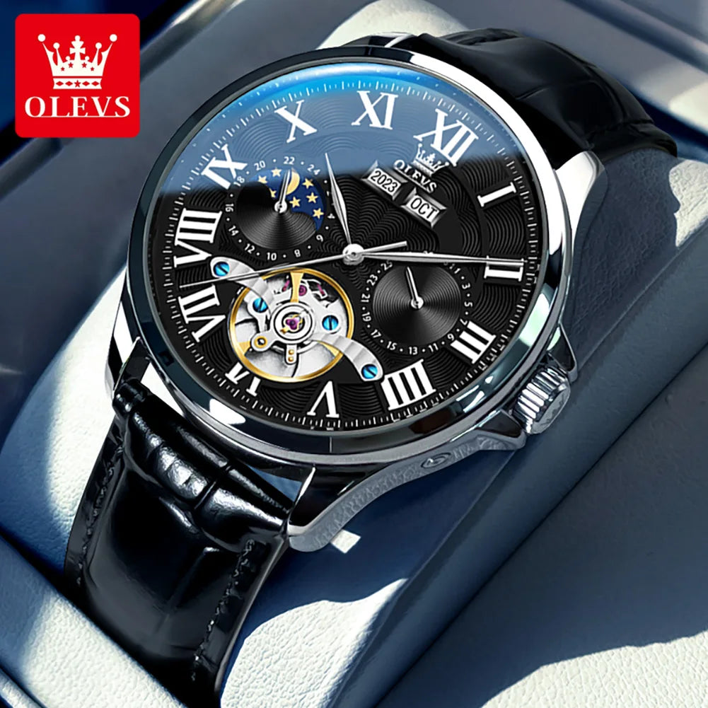 OLEVS 7013 Montre Automatique Homme Phase de Lune Étanche Luxe Montre Homme Date Acier Inoxydable Montre Mécanique