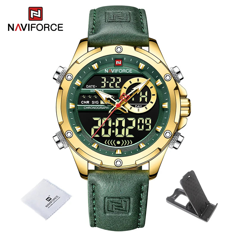 NAVIFORCE – Montre Homme Tendance en Cuir Vert, Militaire, Étanche, Chronographe Numérique, Quartz, Bracelet Homme, Réveil