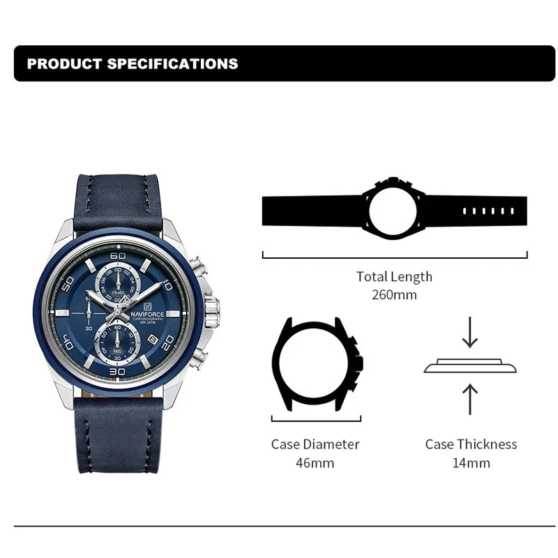 Montres NAVIFORCE pour hommes, bracelet en cuir véritable, chronographe à quartz, affichage de la date, montre-bracelet de sport étanche, cadeau masculin