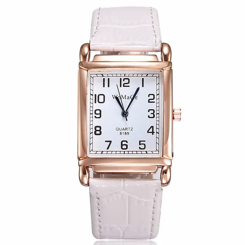 Montre-Bracelet Femme Luxe Métal Or Rose Carré Dames Quartz Rectangle Cuir Rouge Horloge Féminine