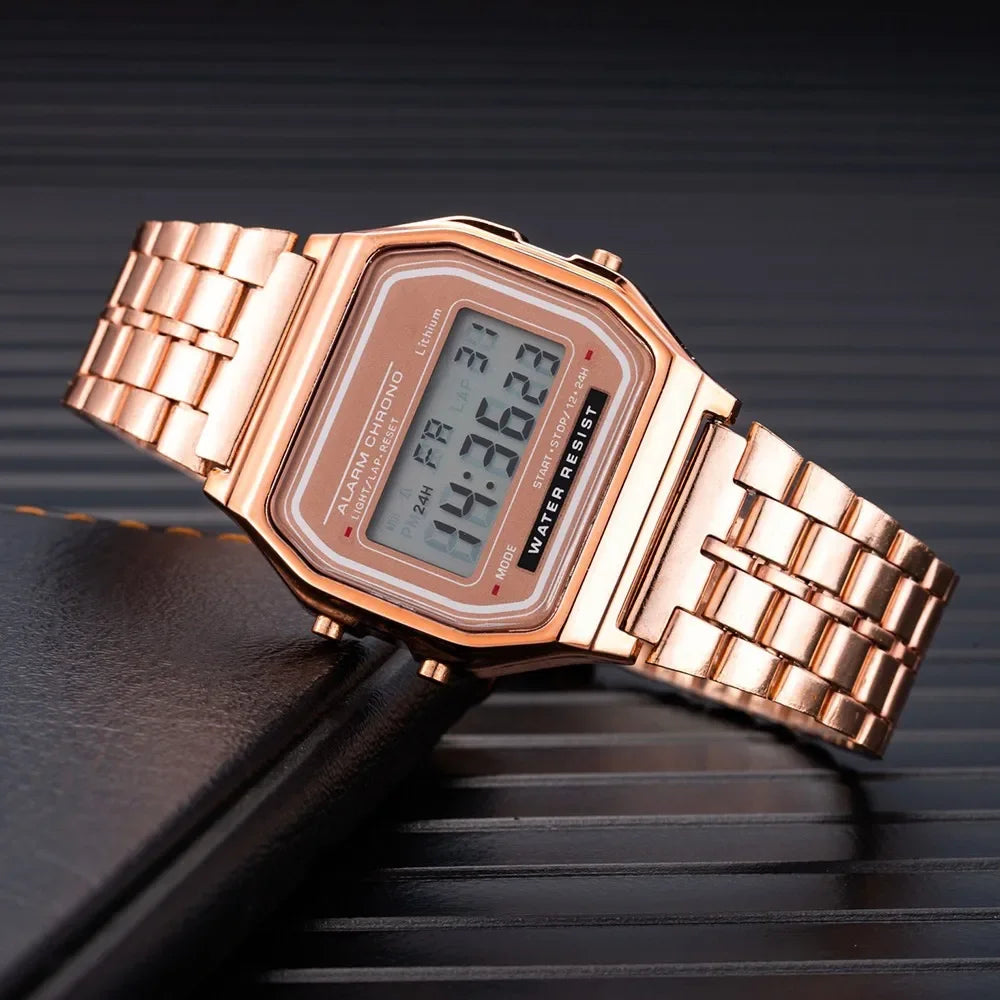 Montre numérique élégante pour femme en or argent acier inoxydable, montres-bracelets électroniques d'affaires pour femmes, horloge masculine Zegarek Damski