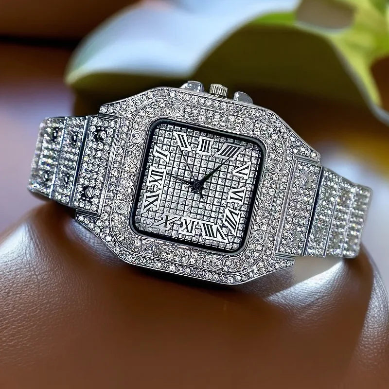 Montre de luxe pour hommes, bracelet élégant en alliage, montre à quartz, date, diamant, or, style Hip Hop Montre Homme