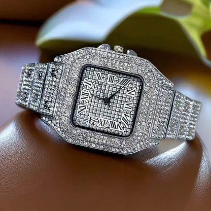 Montre de luxe pour hommes, bracelet élégant en alliage, montre à quartz, date, diamant, or, style Hip Hop Montre Homme