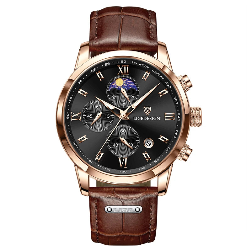 Montre décontractée LIGE pour homme, de luxe, en cuir, étanche, à quartz, chronographe, militaire, pour homme, Relogio Masculino