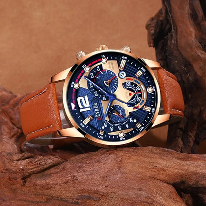Ensemble 2 Pièces Montres Tendance Homme Calendrier Luxe Masculin Business Décontracté en Cuir Marron Montre à Quartz Homme Bracelet Montre-Bracelet