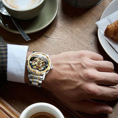 Forsining Luxury Diamond Mechanical Watches Luminous Hands Retro Skeleton Gold Watch for Men Stainless Steel Strap Wristwatches